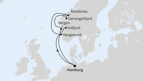 Hamburg - Eidfjord - Bergen - Geirangerfjord - Andalsnes - Haugesund - Hamburg