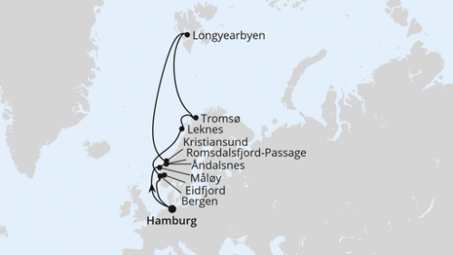 Hamburg - Maloy - Andalsnes - Romsdalsfjord-Passage - Kristiansund - Longyearbyen/Spitzbergen - Tromsö - Leknes - Bergen - Eidfjord - Hamburg