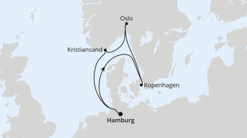Hamburg - Kopenhagen - Oslo - Oslo - Kristiansand - Hamburg