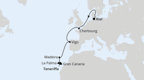 Europas Atlantikküste ab Kiel Kiel - Cherbourg - Vigo - Funchal/Madeira - Santa Cruz/La Palma - Las Palmas/Gran Canaria - Santa Cruz De Tenerife