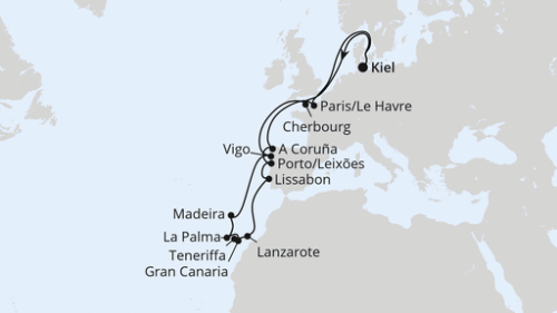Große Winterpause Kanaren ab Kiel Kiel - Cherbourg - Vigo - Funchal/Madeira - Santa Cruz/La Palma - Las Palmas/Gran Canaria - Santa Cruz De Tenerife - Arrecife/Lanzarote - Arrecife/Lanzarote - Lissabon - Lissabon - Porto/Leixoes - La Coruna - Paris/Le Havre - Kiel