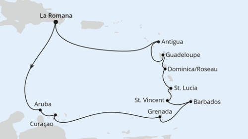 La Romana/Dom. Republik - Oranjestad - Willemstad - Willemstad - St.George's - Bridgetown/Barbados - Kingstown - Castries - Rouseau - Pointe A Pitre - St.Johns - La Romana/Dom. Republik