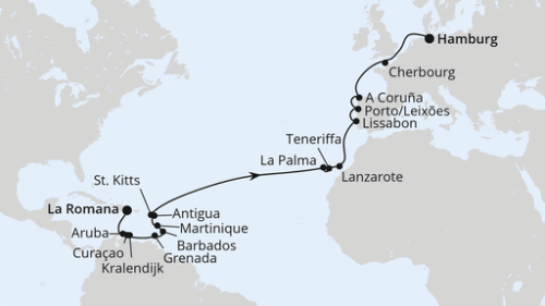 La Romana/Dom. Republik - Oranjestad - Willemstad - Kralendijk - St.George's - Bridgetown/Barbados - Fort De France - St.Johns - Basseterre - Santa Cruz/La Palma - Santa Cruz De Tenerife - Arrecife/Lanzarote - Lissabon - Porto/Leixoes - La Coruna - C