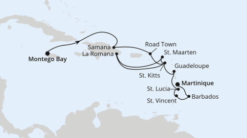Montego Bay/Jamaika - Samana - Roadtown - Basseterre - La Romana/Dom. Republik - Philipsburg - Basseterre - Pointe A Pitre - Castries - Kingstown - Bridgetown/Barbados - Fort De France