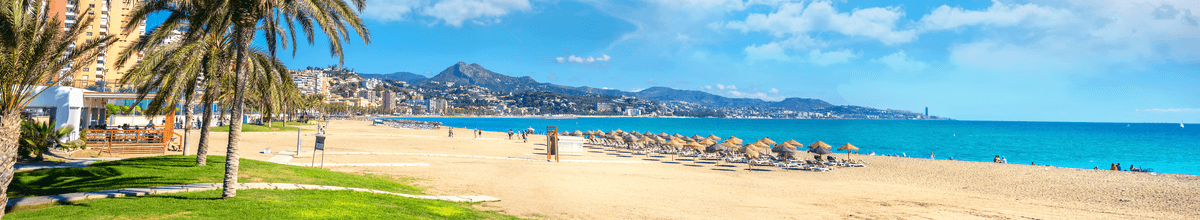 Panoramasicht auf den Strand von Malagueta in Malaga mit Palmen, Badegästen und türkisem Meer