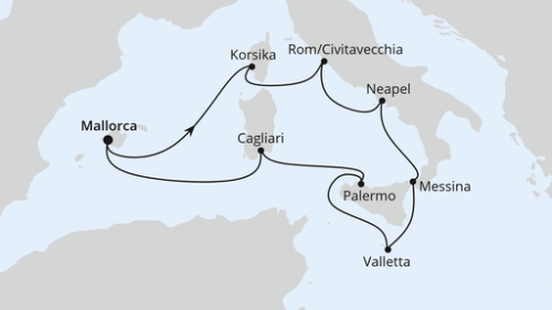 Palma - Ajaccio/Korsika - Rom/Civitavecchia - Neapel - Messina - Valletta - Sizilien/Palermo - Cagliari - Palma