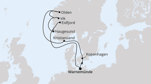 Warnemünde - Kopenhagen - Kristiansand - Olden - Vik - Sogn - Haugesund - Eidfjord - Warnemünde