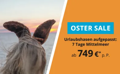 Oster-Aktion bei AIDA: Kurzreisen, Nordeuropa & Mittelmeer ab 449 € p. P. zweigeteiltes Bild: links eine Frau mit Hasenohren von Hinten am Strand, rechts der Text "Oster Sale. Urlaubhasen aufgepasst: 7 Tage Mittelmeer ab 749 € p. P.