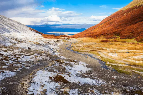 Luftbild vom Gletscher auf Ushuaia mit zwei Wanderern, die sich den Weg durch die Natur bahnen