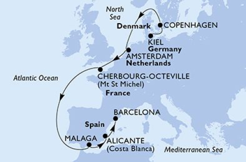 10 Nächte Nordeuropa ab Kiel bis Barcelona Kiel - Kopenhagen - Amsterdam - Cherbourg - Malaga - Alicante - Barcelona