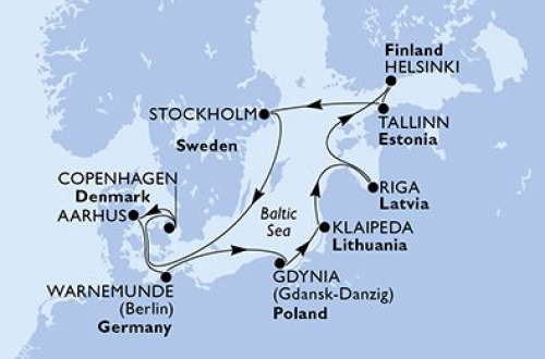 11 Nächte Nordeuropa ab/bis Warnemünde Warnemünde - Gdingen - Klaipeda - Riga - Tallinn - Helsinki - Stockholm - Kopenhagen - Aarhus - Warnemünde