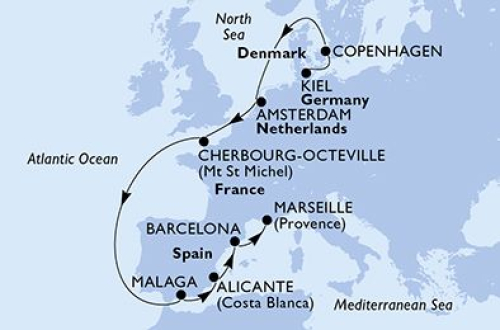 11 Nächte Nordeuropa ab Kiel bis Marseille Kiel - Kopenhagen - Amsterdam - Cherbourg - Malaga - Alicante - Barcelona - Marseille