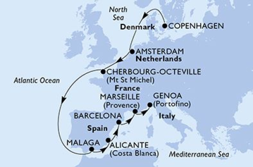11 Nächte Nordeuropa ab Kopenhagen bis Genua Kopenhagen - Amsterdam - Cherbourg - Malaga - Alicante - Barcelona - Marseille - Genua