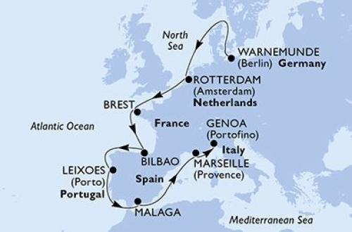 12 Nächte Nordeuropa ab Warnemünde bis Genua Warnemünde - Rotterdam - Brest - Bilbao - Leixoes (Porto) - Malaga - Marseille - Genua