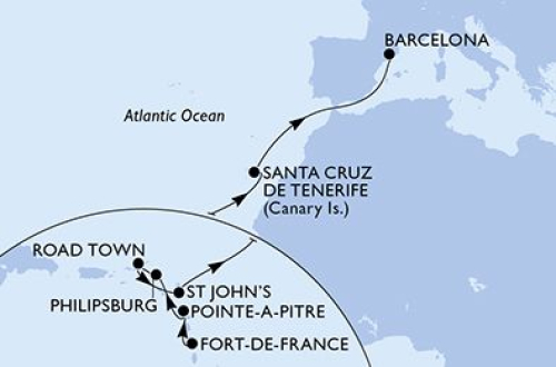 Fort De France - Pointe A Pitre - Philipsburg - Road Town - Saint John's - Santa Cruz De Tenerife - Barcelona