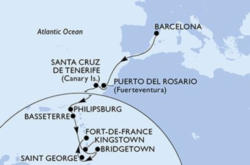 Barcelona - Puerto del Rosario - Santa Cruz De Tenerife - Philipsburg - Basseterre - Kingstown - Bridgetown - St.George's - Fort De France