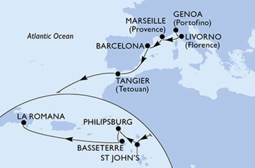 Genua - Florenz/Livorno - Marseille - Barcelona - Tanger - Saint John's - Philipsburg - Basseterre - La Romana/Dom. Republik