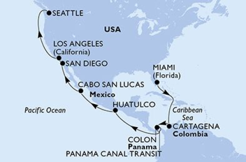 Miami - Cartagena/Kolumbien - Colon - Panamakanal - Panamakanal - Huatulco - Cabo San Lucas - San Diego - Long Beach - Seattle