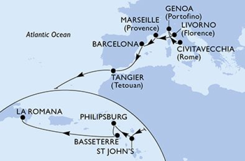 Civitavecchia (Rom) - Genua - Florenz/Livorno - Marseille - Barcelona - Tanger - Saint John's - Philipsburg - Basseterre - La Romana/Dom. Republik