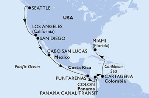 Seattle - Long Beach - San Diego - Cabo San Lucas - Puntarenas - Panamakanal - Panamakanal - Colon - Cartagena/Kolumbien - Miami