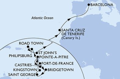 Fort De France - Pointe A Pitre - Castries (St. Lucia) - Bridgetown - St.George's - Kingstown - Fort De France - Pointe A Pitre - Philipsburg - Road Town - Saint John's - Santa Cruz De Tenerife - Barcelona