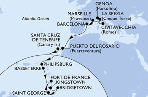 Genua - Civitavecchia (Rom) - Florenz/La Spezia - Marseille - Barcelona - Puerto del Rosario - Santa Cruz De Tenerife - Philipsburg - Basseterre - Kingstown - Bridgetown - St.George's - Fort De France