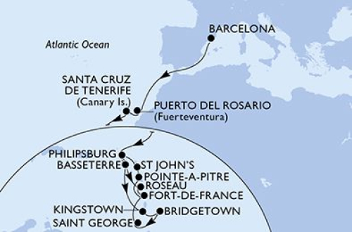 Barcelona - Puerto del Rosario - Santa Cruz De Tenerife - Philipsburg - Basseterre - Kingstown - Bridgetown - St.George's - Fort De France - Pointe A Pitre - Saint John's - Philipsburg - Basseterre - Roseau - Fort De France