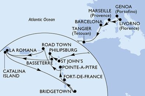 Genua - Florenz/Livorno - Marseille - Barcelona - Tanger - Saint John's - Philipsburg - Basseterre - La Romana/Dom. Republik - Isla Catalina - Bridgetown - Fort De France - Pointe A Pitre - Road Town - La Romana/Dom. Republik