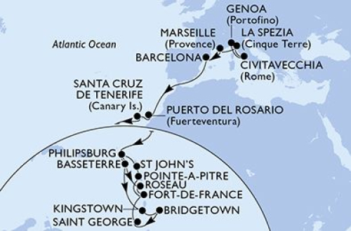 Genua - Civitavecchia (Rom) - Florenz/La Spezia - Marseille - Barcelona - Puerto del Rosario - Santa Cruz De Tenerife - Philipsburg - Basseterre - Kingstown - Bridgetown - St.George's - Fort De France - Pointe A Pitre - Saint John's - Philipsbur