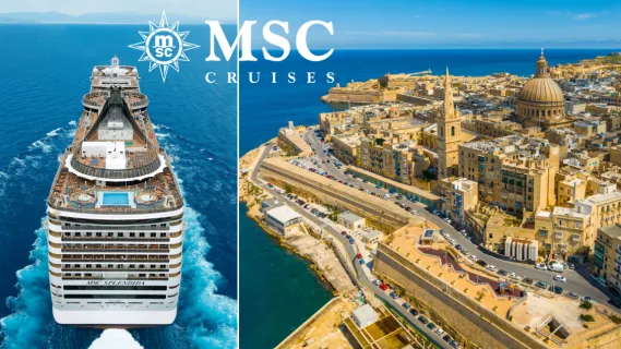 2-teiliges Bild: Links Heckansicht von MSC Splendida auf dem Meer, rechts Blick über die Dächer der Altstadt von Valletta auf Malta. Oben MSC Logo in Weiß.