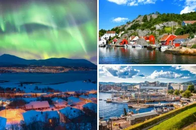 dreiteiliges Bild: links Nordlichter in Tromso, Oben rechts Kristiansand und rechts der Hafen von Oslo.