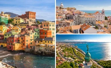 dreiteiliges Bild: links bunte Häuser am meer in Genua, oben rechts Altstadt von Lissabon, unten rechts Blick auf die Altstadt und das Meer in Triest und im Vordergrund eine Statue.