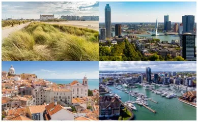 CATCH OF THE WEEK: Westeuropas Metropolen mit MSC Poesia vierteiliges Bild: oben links Strand von zeebrügge, oben rechts Blick auf die Innenstadt von Rotterdam, unten links Altstadt Marseille, unten rechts Hafen von Southampton.