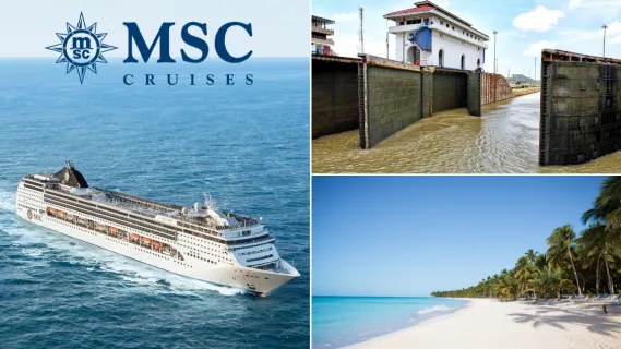 3-teiliges Bild: Links MSC Opera auf See, darüber das MSC-Logo in Blau. Rechts oben Tor der Miraflores-Schleuse im Panamakanal, rechts unten palmenbestandener Strand bei La Romana, Karibik