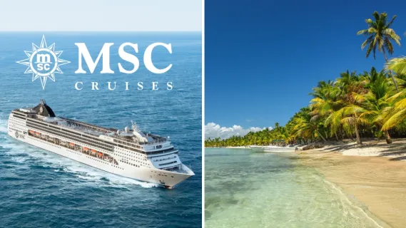 2-teiliges Bild: Links MSC Opera auf dem Meer von seitlich vorne gesehen, darüber das MSC Logo in Weiß. Rechts palmenbestandener Strand und Meer auf der Isla Catalina in der Dominikanischen Republik.