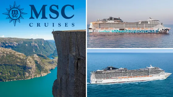 CATCH OF THE WEEK: Nordeuropa mit MSC Euribia und MSC Preziosa 3-teiliges Bild: Links Tourist auf dem Preikestolen im Lysefjord mit dem MSC Logo in blau darüber. Rechts oben Seitenansicht von MSC Euribia, rechts unten Seitenansicht von MSC Preziosa.