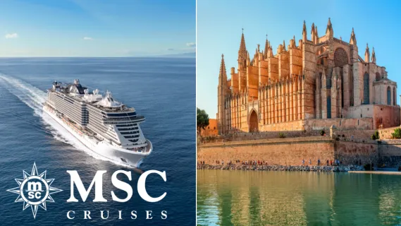 CATCH OF THE WEEK: Nordeuropa mit MSC Euribia und MSC Preziosa 3-teiliges Bild: Links Tourist auf dem Preikestolen im Lysefjord mit dem MSC Logo in blau darüber. Rechts oben Seitenansicht von MSC Euribia, rechts unten Seitenansicht von MSC Preziosa.