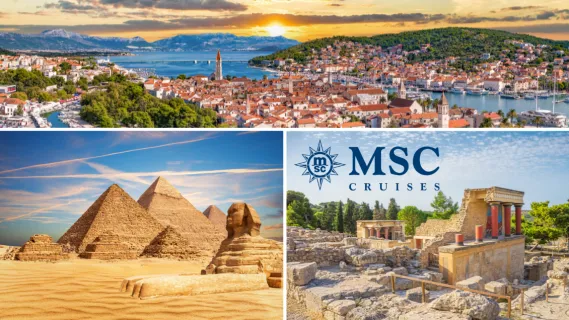 CATCH OF THE WEEK: Zauber des östlichen Mittelmeers mit MSC Lirica, z.B. 10 Nächte schona b 699 € p. P. Buchbar bis 08.09.2026. 3-teiliges Bild: Oben Panorama von Split im Sonnenuntergang mit Hafen und einer Bergkette im Hintergrund. Unten links: Sphinx und Pyramiden von Gizeh, unten rechts: Ruinen des Palasts von Knossos auf Kreta mit dem MSC Logo in der linken oberen Ecke.