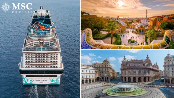 CATCH OF THE WEEK: Westliches Mittelmeer mit MSC Euribia, z. B. 7 Nächte schon ab 519 € p. P. Buchbar bis 13.10..2026. 3-teiliges Bild: Links Heckansicht von MSC Euribia mit dem MSC Logo in Weiß in der oberen linken ecke, rechts oben Blick vom Parc Güell über Barcelona, rechts unten Springbrunnen auf der Piazza dei Ferrari in Genua.