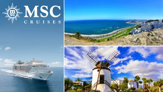 CATCH OF THE WEEK: Westliches Mittelmeer mit MSC Euribia, z. B. 7 Nächte schon ab 519 € p. P. Buchbar bis 13.10..2026. 3-teiliges Bild: Links Heckansicht von MSC Euribia mit dem MSC Logo in Weiß in der oberen linken ecke, rechts oben Blick vom Parc Güell über Barcelona, rechts unten Springbrunnen auf der Piazza dei Ferrari in Genua.