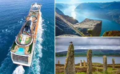 3-teiliges Bild: links Blick auf das Oberdeck von MSC Preziosa aus der Vogelperspektive. Rechts oben Preikestolen über dem Lysefjord in Norwegen, rechts unten Steine des Ring of Brodgar auf den Orkney-Inseln.