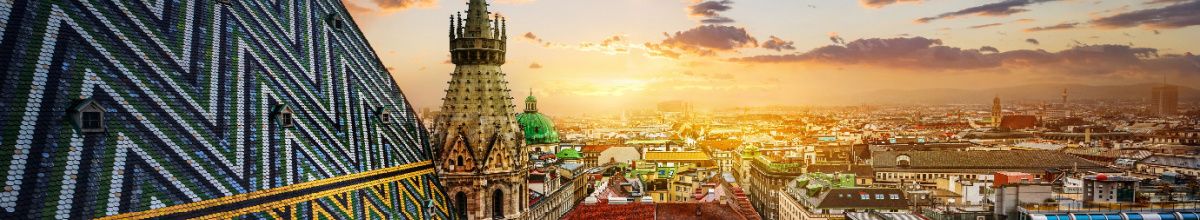 Das charakteristisch bunt gemusterte Ziegeldach und die steinernen Türme des Stephansdoms über den Dächern von Wien im warmen Licht des Sonnenuntergangs.