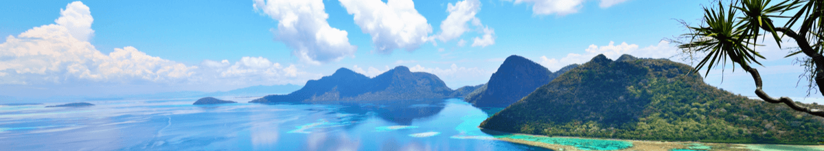 Landschaft auf der Spitze der Insel Bohey Dulang mit einer Palme im Vordergrund und dem türkisen Meer im Hintergrund in der Nähe der Insel Sipadan. Sabah Borneo, Malaysia.