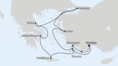 Antalya - Marmaris - Izmir - Istanbul - Istanbul - Volos - Athen/Piräus - Heraklion/Kreta - Rhodos Stadt - Antalya