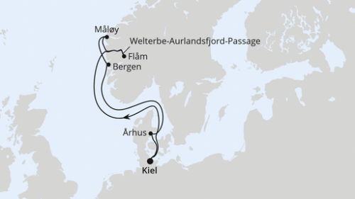 Norwegen mit Sognefjord ab Kiel Kiel - Flam - Welterbe-Aurlandsfjord-Passa - Maloy - Bergen - Arhus - Kiel