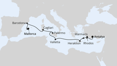 Italien, Griechenland & Spanien ab Antalya Antalya - Marmaris - Rhodos Stadt - Heraklion/Kreta - Valletta - Sizilien/Palermo - Cagliari - Barcelona - Palma