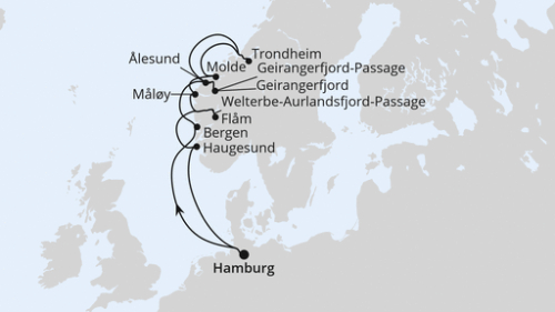 Norwegens Fjord-Weltnaturerbe ab Hamburg 2 Hamburg - Bergen - Alesund - Geirangerfjord - Welterbe-Geirangerfjord-Pass - Trondheim - Molde - Maloy - Flam - Welterbe-Aurlandsfjord-Passa - Haugesund - Hamburg