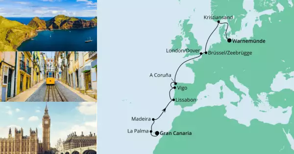 Von Gran Canaria nach Warnemünde mit AIDAmar Route: Gran Canaria - La Palma - Madeira - Seetag - Lissabon - Lissabon - Vigo - La Coruna - Seetag - Dover/London - Zeebrügge - Seetag - Kristiansand - Seetag - Warnemünde