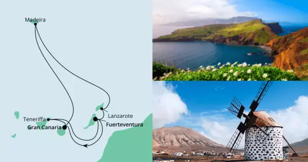 Kanarische Inselwelt & Madeira mit AIDAmar Route: Fuerteventura - Seetag - Gran Canaria - Seetag - Madeira - Madeira - Lanzarote - Fuerteventura - Fuerteventura - Teneriffa - Gran Canaria
