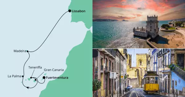 Von Fuerteventura nach Lissabon mit AIDAmar Route: Fuerteventura - Teneriffa - Gran Canaria - La Palma - Madeira - Seetag - Lissabon